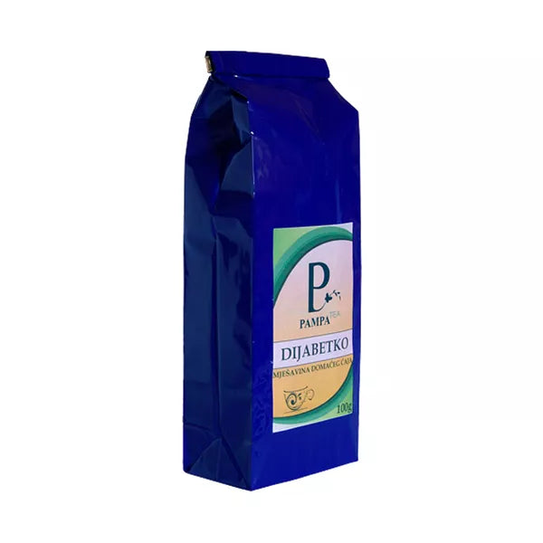 Čaj Dijabetko mješavina domaćeg čaja Pampa Tea 100g in blue packaging, suitable for diabetes dietary needs.