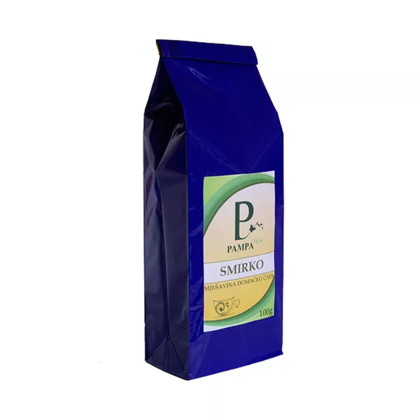 Čaj Smirko mješavina domaćeg čaja Pampa Tea 100g in blue packaging, highlighting unique herbal blend.