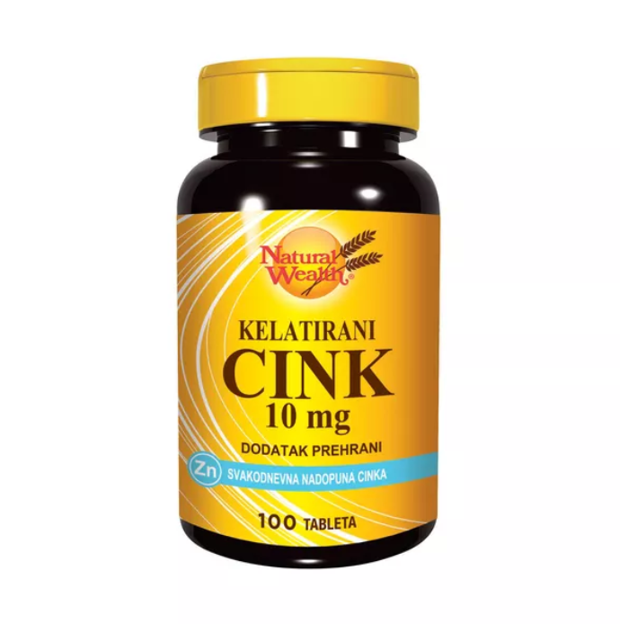 Natural Wealth Cink 10mg dietary supplement bottle, 100 tablets for immune support and overall health.