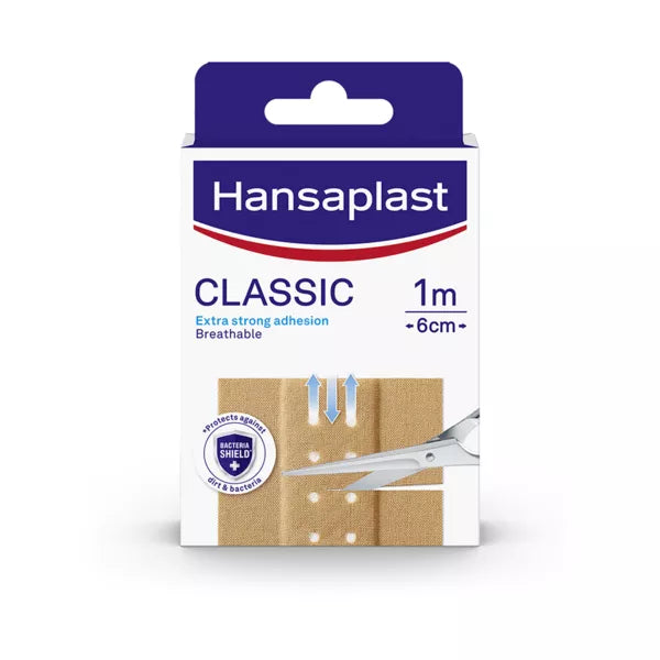 Hansaplast Classic adhesive bandage box, 1m x 6cm, featuring extra strong adhesion and breathable material.