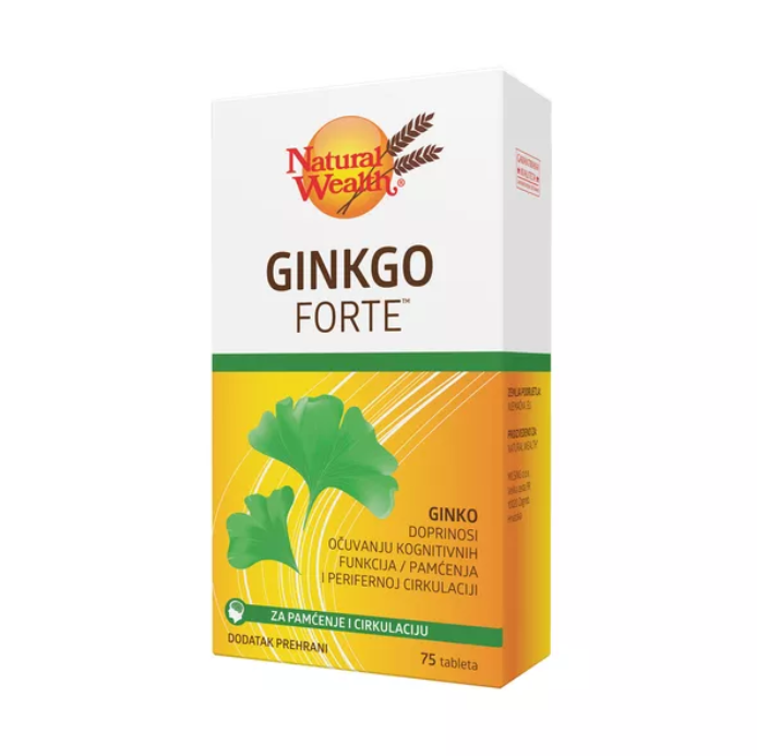Natural Wealth Ginkgo Forte 60mg dietary supplement box with Ginkgo biloba benefits for circulation and memory.