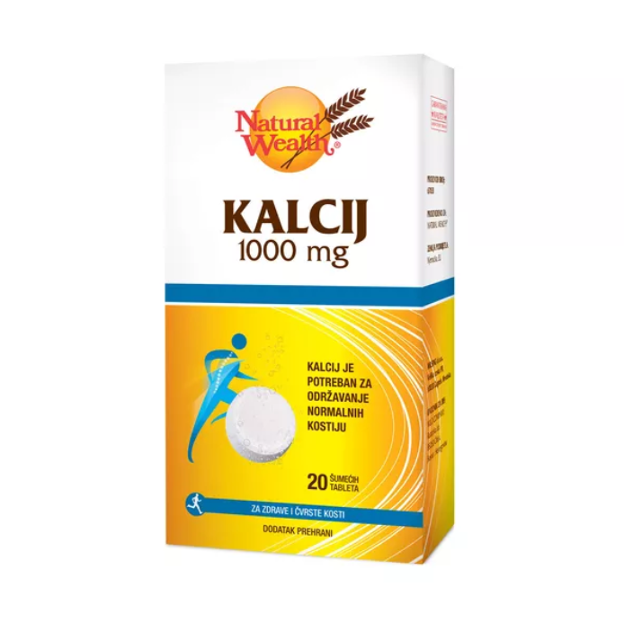 Kalcij 1000 mg Natural Wealth dietary supplement box, 20 effervescent tablets for bone health.