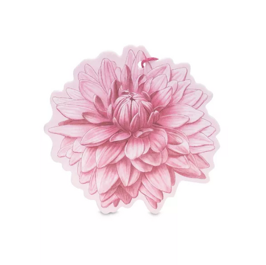 Elegant pink dahlia flower air freshener tag, ideal for refreshing wardrobes and vehicles.