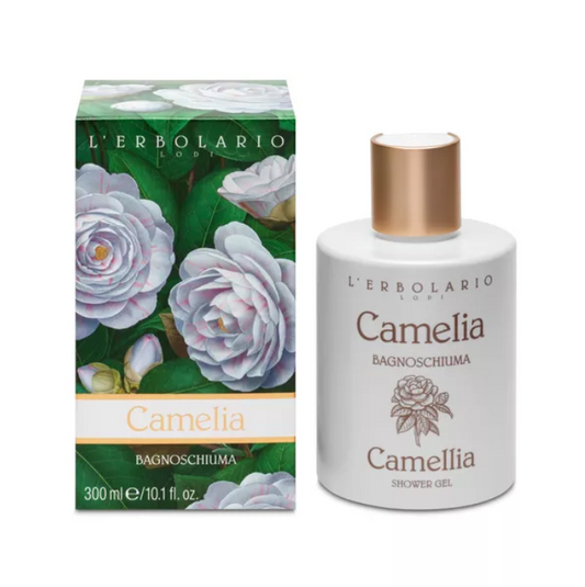 L'Erbolario Camelia shower gel 300ml with floral packaging, promoting relaxation and skin nourishment.