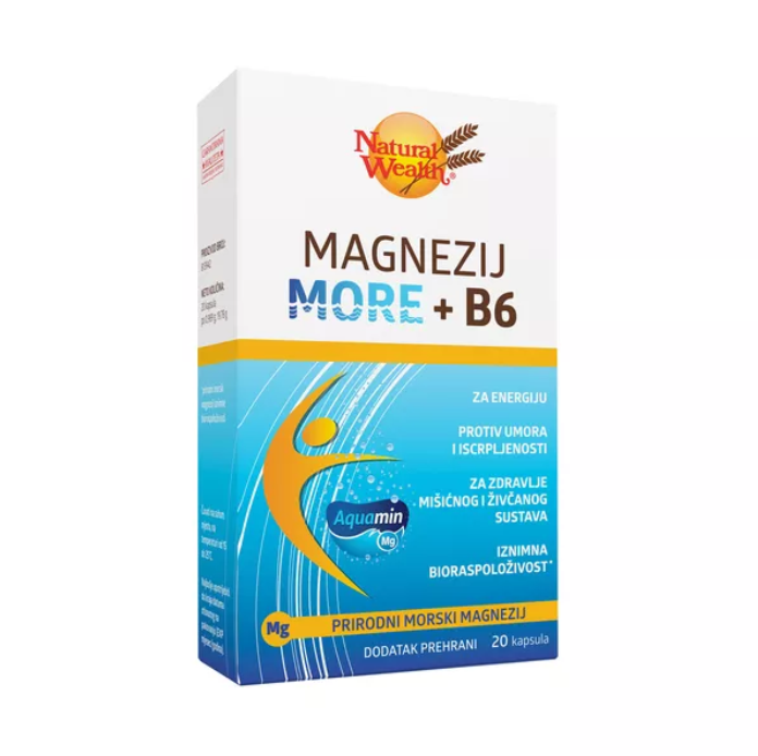 Natural Wealth Magnezij More + B6 dietary supplement packaging with benefits for muscle and nerve health.