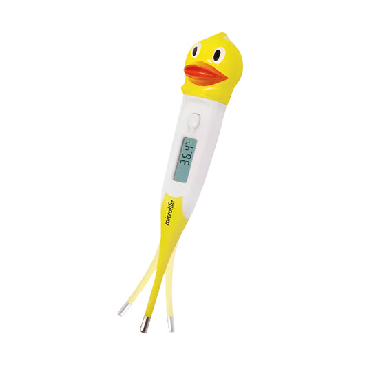 Microlife MT700 Flexi thermometer designed for kids with a duck shape, measuring temperature in 30 seconds.