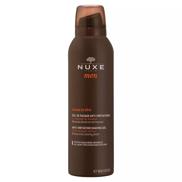 Nuxe Men anti-irritation shaving gel, 150ml, providing smooth and irritation-free shaving for all skin types.