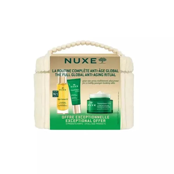 Nuxe anti-aging set featuring three full-size skincare products in a cream-colored bag.