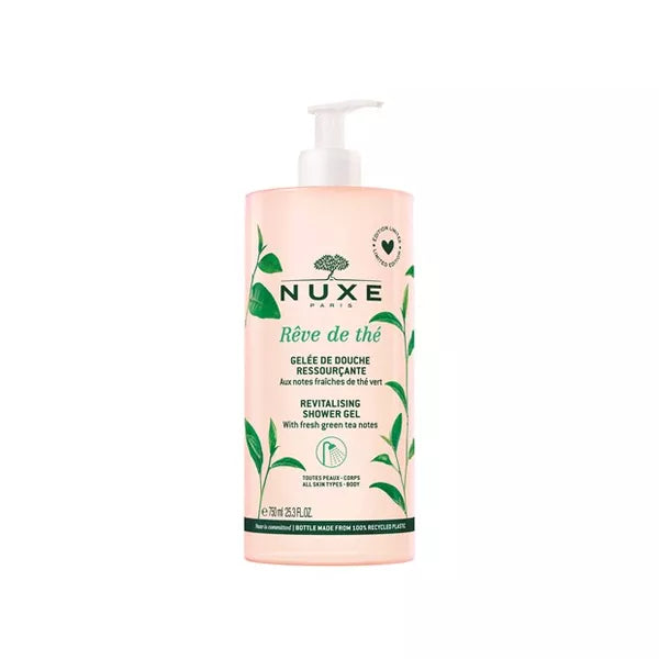 Nuxe Reve de the revitalising shower gel in pump bottle, 750 ml, featuring fresh green tea scent and gentle cleansing properties.