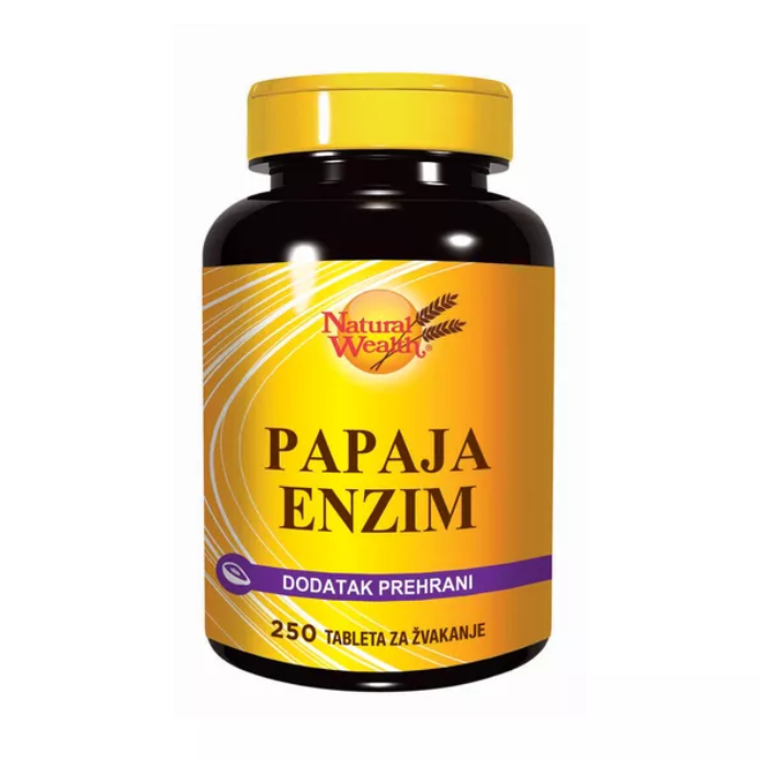 Natural Wealth Papaja enzimi supplement bottle with 250 chewable tablets for digestive health.