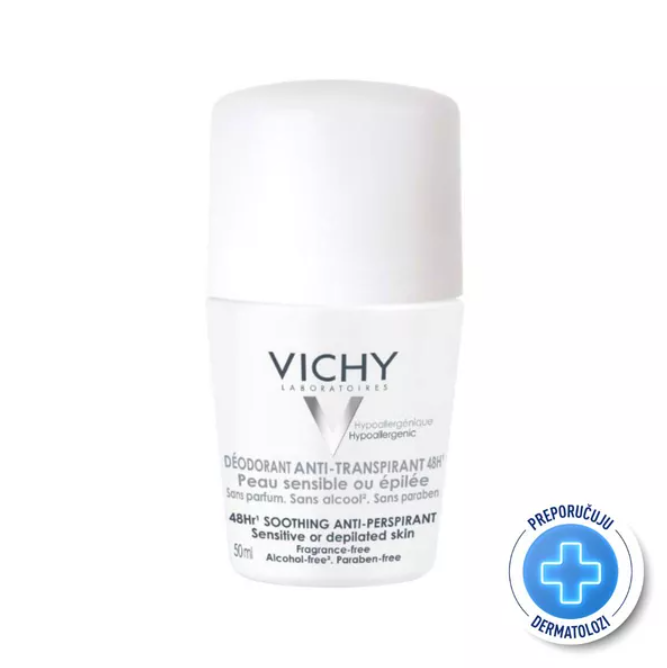 Vichy Deodorant roll-on za regulaciju znojenja do 48h za osjetljivu i depiliranu kožu, bez tragova, 50ml