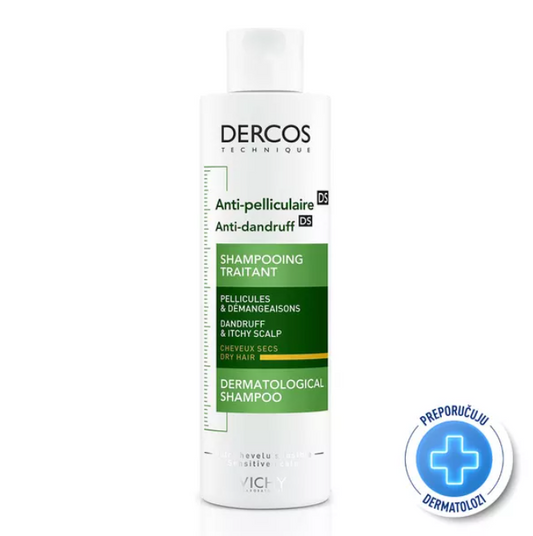 Vichy Dercos anti-dandruff shampoo 200ml for dry hair, dermatologist-recommended, effective formulation.