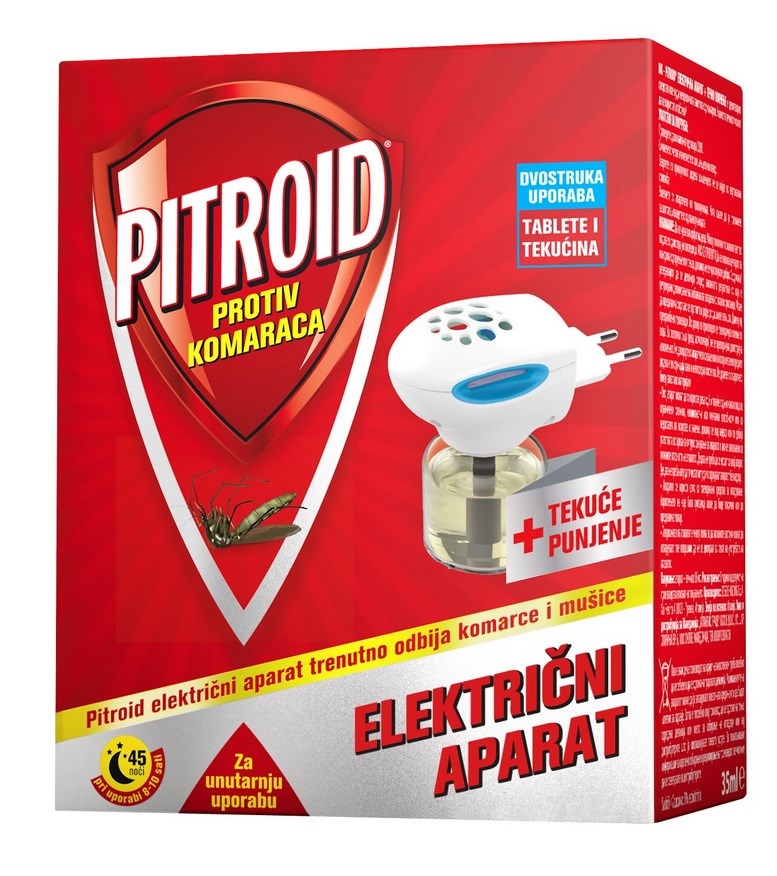Pitroid električni aparat za odbijanje komaraca s tekućim punjenjem, idealan za unutarnju upotrebu.