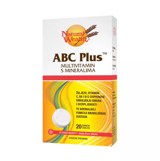 ABC Plus multivitamin tablet box by Natural Wealth, offering essential vitamins and minerals for energy and immunity, 20 effervescent tablets.