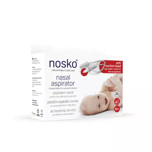 Nosko nasal aspirator packaging with soft suction head for gentle baby care.