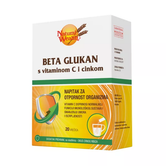 Natural Wealth Beta Glukan with vitamin C and zinc, dietary supplement in 20 sachets for immune support.