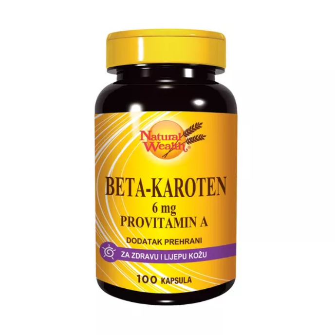 Natural Wealth Beta Karoten supplement, 100 capsules, 6 mg provitamin A for healthy skin and vision.