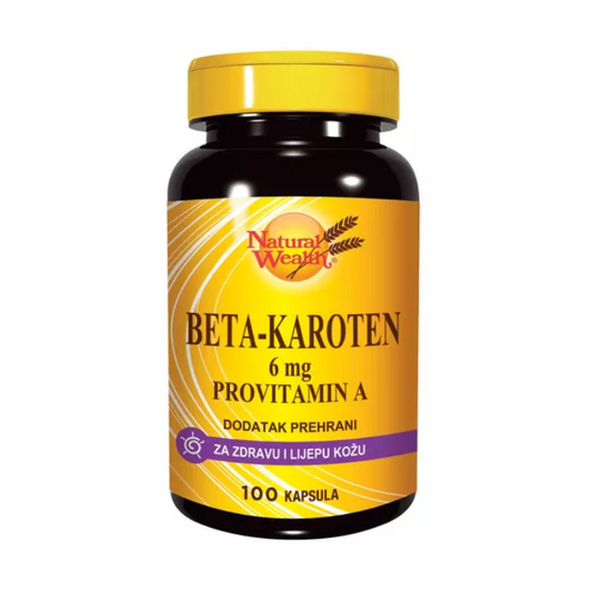Natural Wealth Beta Karoten supplement, 100 capsules, 6 mg provitamin A for healthy skin and vision.