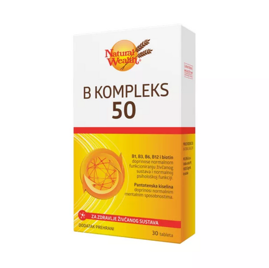 Natural Wealth B Kompleks 50 supplement packaging, supports energy production and nerve health in 30 tablets.