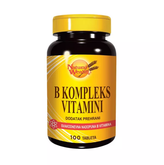 B Kompleks Natural Wealth vitamins bottle with 100 tablets for energy support and nervous system health.