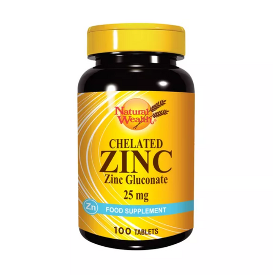 Natural Wealth Chelated Zinc 25mg dietary supplement bottle with 100 tablets for immune support.