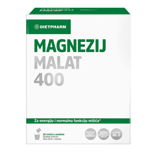 Dietpharm magnezijev malat 400 v prahu (20 vrečk)