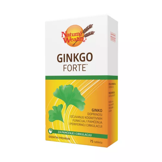 Natural Wealth Ginkgo Forte 60mg dietary supplement box with Ginkgo biloba benefits for circulation and memory.