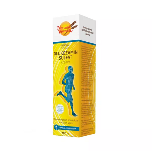Natural Wealth Glukozamin sulfat krema 100ml for joint and muscle care, promoting mobility and comfort.