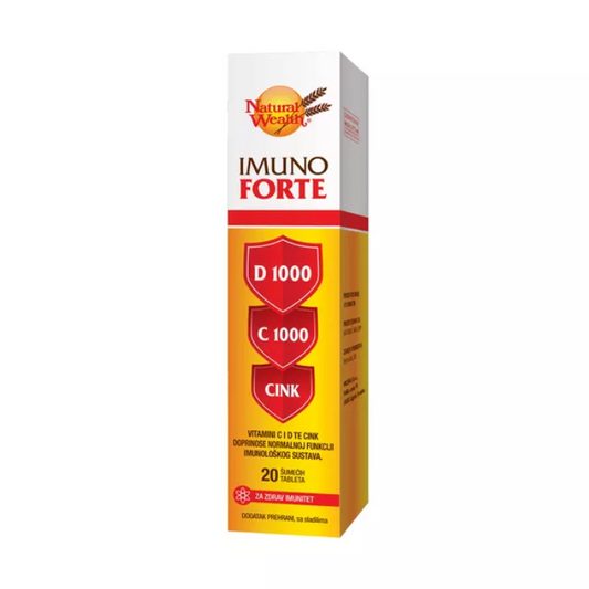 Natural Wealth Imuno Forte D-C-Cink package showing D1000, C1000, and Zinc for immune support, 20 effervescent tablets.