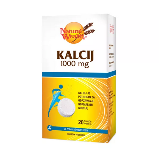Kalcij 1000 mg Natural Wealth dietary supplement box, 20 effervescent tablets for bone health.
