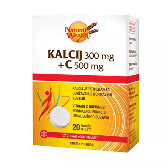 Natural Wealth Kalcij 300mg + C 500mg dietary supplement packaging with 20 effervescent tablets.