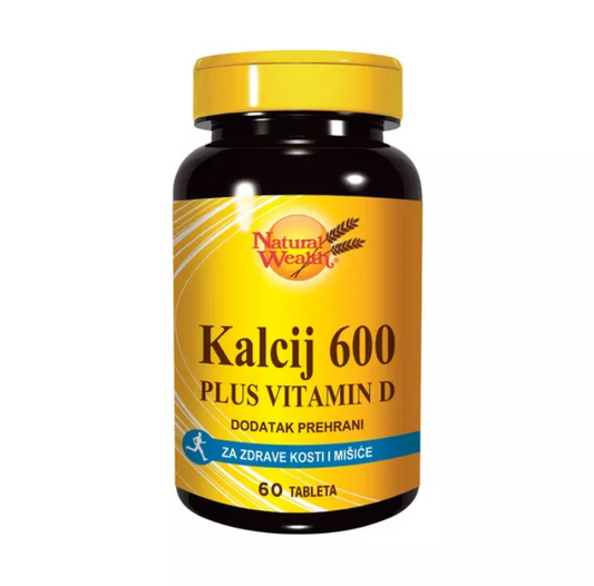 Kalcij 600 plus Vitamin D supplement from Natural Wealth, 60 tablets for healthy bones and muscles.
