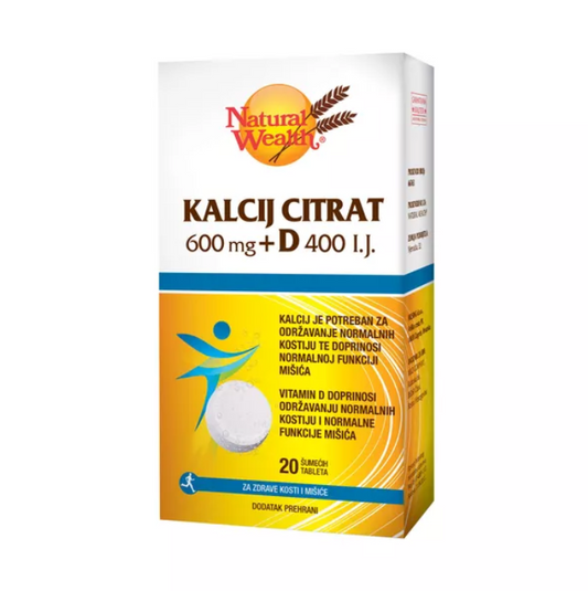 Natural Wealth Kalcij citrat 600 mg + D 400 I.J. dietary supplement box for bone health, featuring 20 effervescent tablets.
