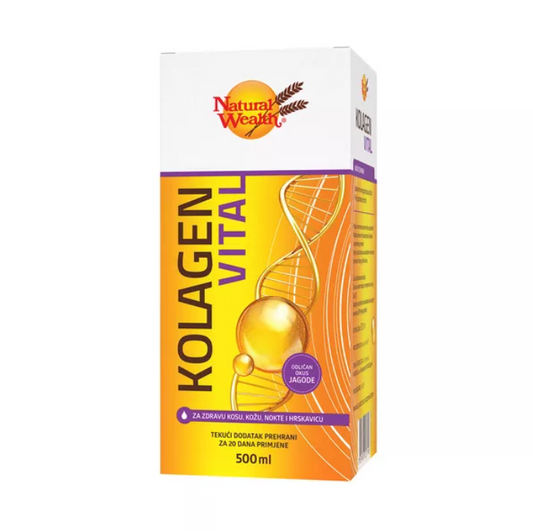 Kolagen Vital Natural Wealth 500ml packaging, promoting skin, hair, and nail health with collagen benefits.