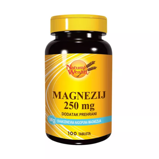 Natural Wealth Magnezij 250mg dietary supplement bottle with 100 tablets for muscle and nerve health.