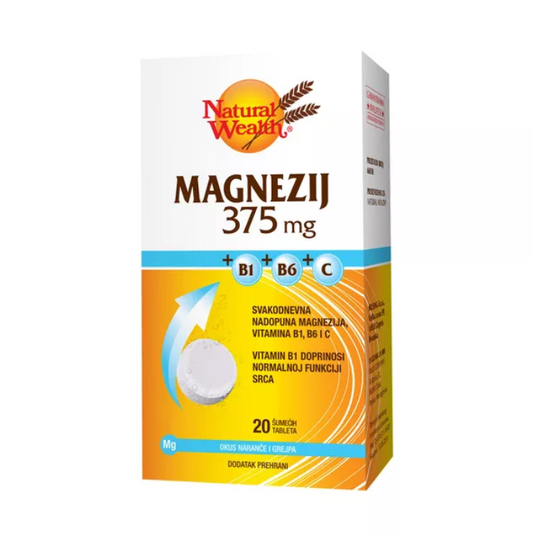 Natural Wealth Magnezij 375 mg+B1+B6+C dietary supplement box with 20 effervescent tablets.