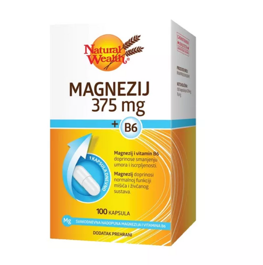 Natural Wealth Magnezij 375 mg + B6 dietary supplement, 100 capsules, supports muscle and nerve function.