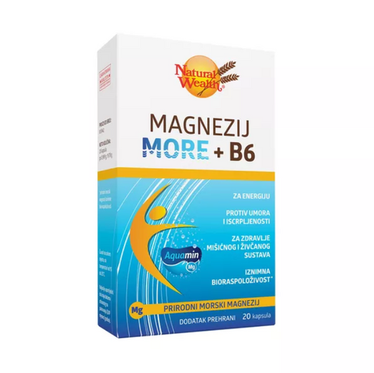 Natural Wealth Magnezij More + B6 dietary supplement packaging with benefits for muscle and nerve health.