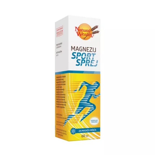 Natural Wealth Magnezij Sport sprej 60ml for muscle relaxation and recovery, perfect for athletes.