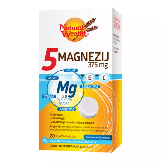 Natural Wealth 5 Magnezij 375 mg supplement box with vitamins B and C, featuring 20 effervescent tablets.