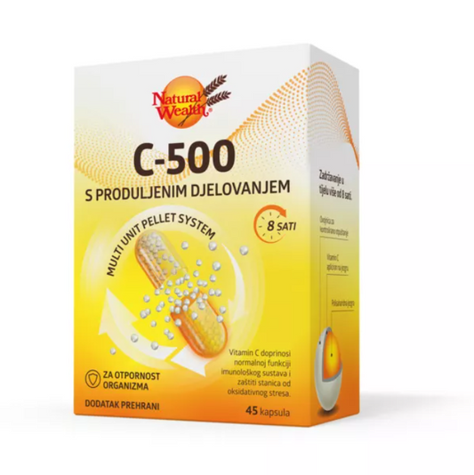Natural Wealth C-500 supplement box with 45 capsules for prolonged release vitamin C support.