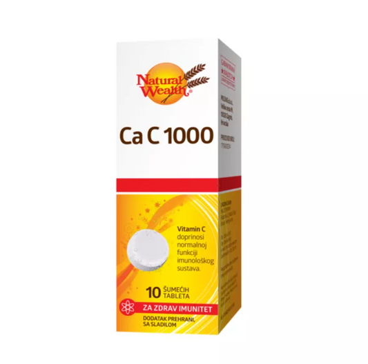 Natural Wealth Ca C 1000 dietary supplement with vitamin C for immune support, featuring 10 effervescent tablets.