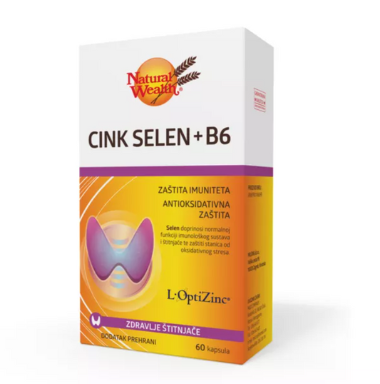 Natural Wealth Cink Selen + B6 supplement box featuring 60 capsules for immune support and antioxidant protection.