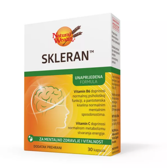 Natural Wealth Skleran dietary supplement for brain health, 30 capsules packaging design and nutritional benefits.
