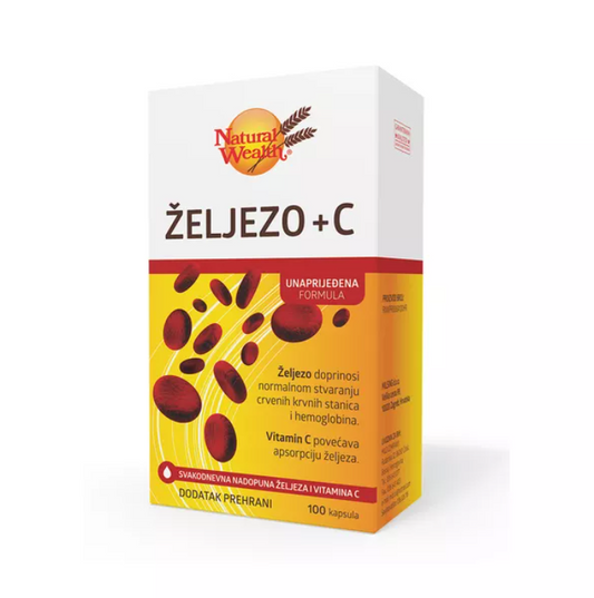 Natural Wealth Željezo + C supplement box, 100 capsules for iron and vitamin C support.