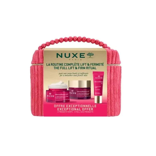 Nuxe Merveillance lifting set in pink pouch featuring anti-aging skincare products for firming and smoothing skin.