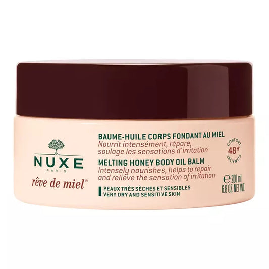 Nuxe Rêve de Miel melting honey body oil balm in a 200ml jar for dry and sensitive skin care.