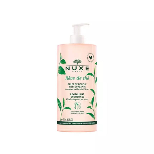 Nuxe Reve de the revitalising shower gel in pump bottle, 750 ml, featuring fresh green tea scent and gentle cleansing properties.