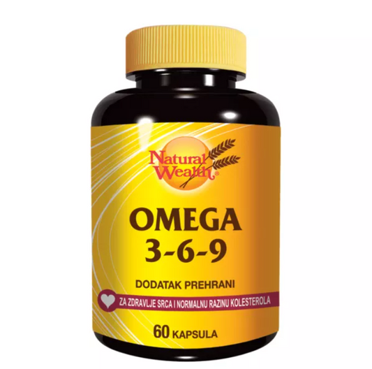 Natural Wealth Omega 3-6-9 dietary supplement, 60 capsules for heart health and cholesterol support.