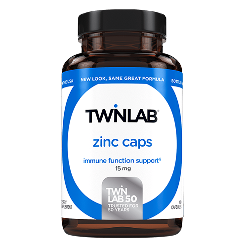 Twinlab Zinc 15 mg supplement bottle for immune function support, 100 capsules.